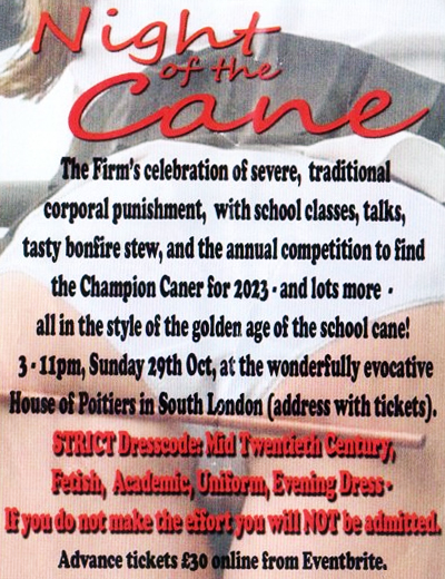 Caning Competition 2023 flyer: reverse  Flyer for Night of the Cane 2023